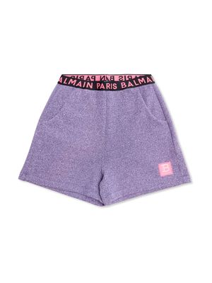 Balmain Kids logo-waistband glitter shorts - Purple