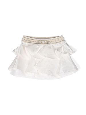 Balmain Kids logo-waistband ruffled skirt - White