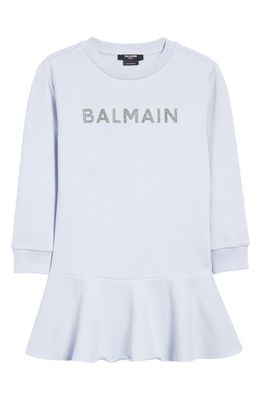 Balmain Kids' Metallic Logo Long Sleeve Cotton Sweatshirt Dress in 915 Light Blue