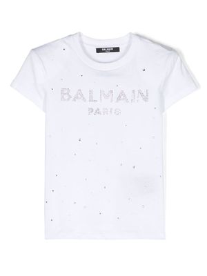 Balmain Kids rhinestone-logo cotton T-shirt - White