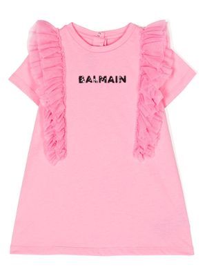 Balmain Kids ruffled logo-print dress - Pink
