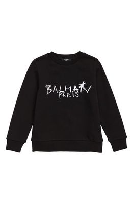 Balmain Kids' Scribble Logo Cotton Sweatshirt in 930 Black