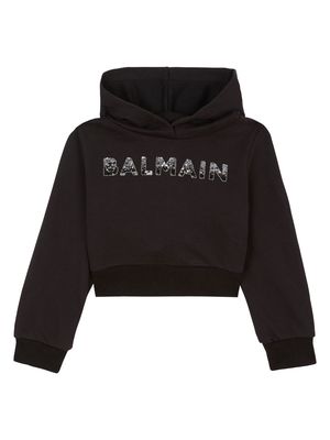 Balmain Kids sequin-logo cropped cotton hoodie - Black