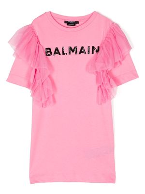 Balmain Kids sequin-logo tulle-overlay dress - Pink