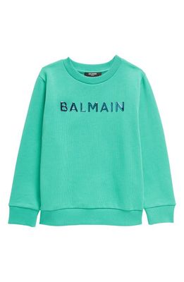 Balmain Kids' Shiny Logo Cotton Sweatshirt in 781 Green