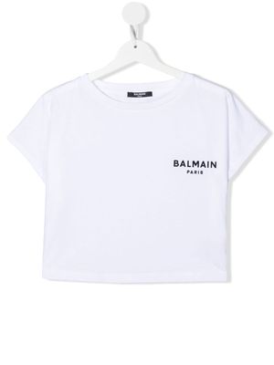 Balmain Kids TEEN flocked-logo cropped T-shirt - White