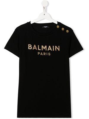 Balmain Kids TEEN glitter logo cotton T-shirt - Black