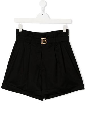 Balmain Kids TEEN logo-buckle virgin wool shorts - Black
