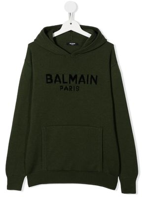 Balmain Kids TEEN logo knitted hoodie - Green