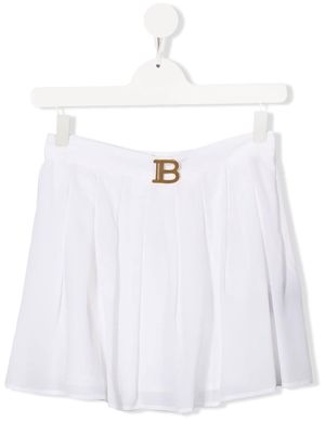 Balmain Kids TEEN logo-plaque pleated silk skirt - White
