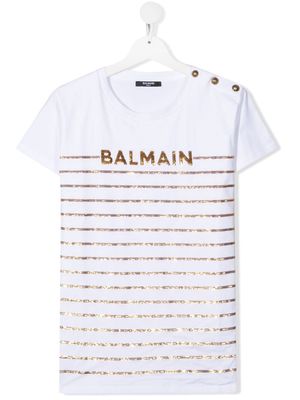 Balmain Kids TEEN logo sequin-stripe T-shirt - White