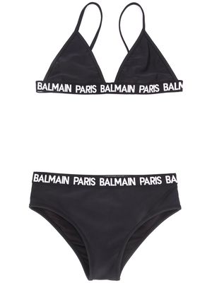 Balmain Kids TEEN logo tape triangle bikini set - Black