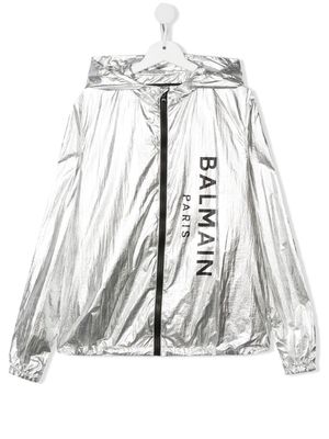 Balmain Kids TEEN metallic-finish hooded jacket - Grey