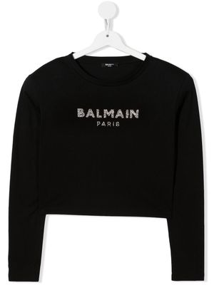 Balmain Kids TEEN rhinestone-logo cotton T-Shirt - Black