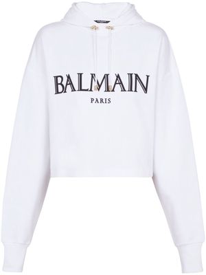 Balmain logo-appliqué cropped hoodie - White