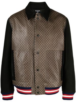 Balmain logo-appliqué panelled teddy bomber jacket - Brown