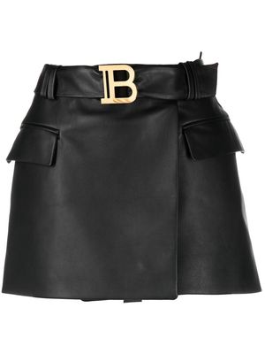 Balmain logo-buckle leather mini skirt - Black