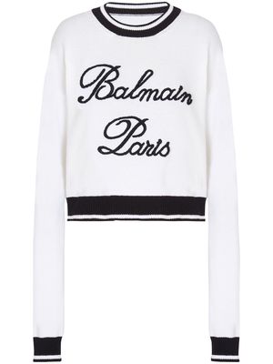 Balmain logo-embroidered crew-neck jumper - White