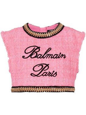 Balmain logo-embroidered tweed crop top - Pink