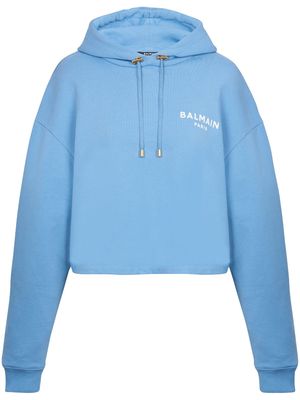 Balmain logo-flocked cropped hoodie - Blue