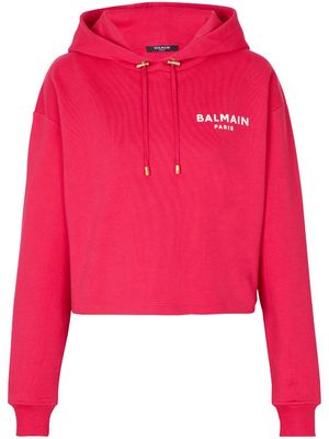 Balmain logo-flocked cropped hoodie - Pink