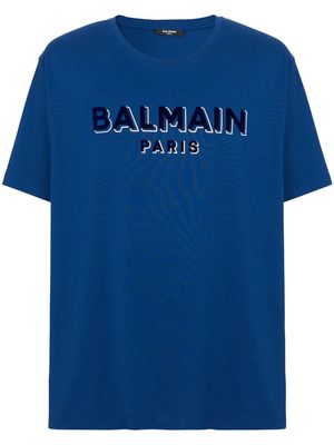 Balmain logo-flocked organic cotton T-shirt - Blue