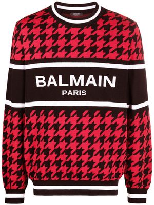Balmain logo-intarsia panelled jumper - Red