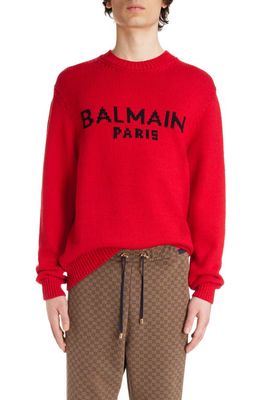 Balmain Logo Intarsia Wool Blend Sweater in Red/Black