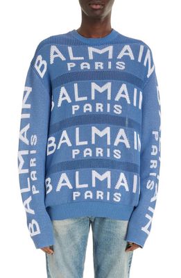 Balmain Logo Jacquard Crewneck Sweater in Slj Pale Blue/White