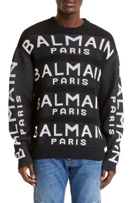 Balmain Logo Jacquard Crewneck Wool Sweater in Black/White