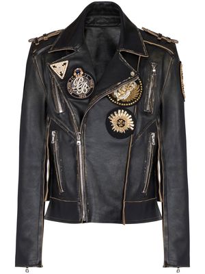 Balmain logo-patch detail biker leather jacket - Black