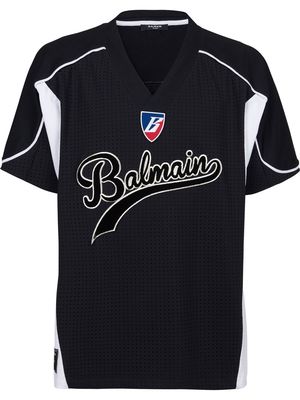 Balmain logo-patch perforated T-shirt - Blue