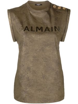 Balmain logo-print cotton tank top - Green