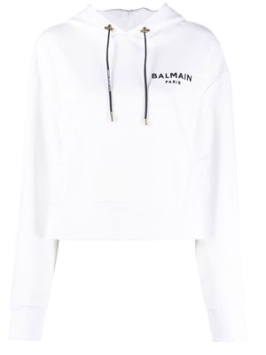 Balmain logo print drawstring hoodie - White