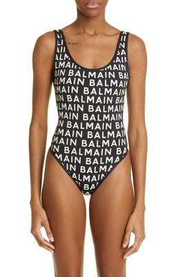 Balmain Logo Print One-Piece Swimsuit in Black Ivory