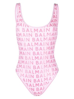 Balmain logo-print scoop-neck swimsuit - Pink