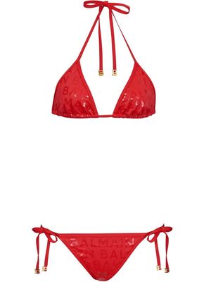Balmain logo-print triangle bikini set - Red