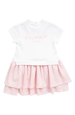Balmain Logo Ruffle Cotton Dress in 100Rs Wht/Pink