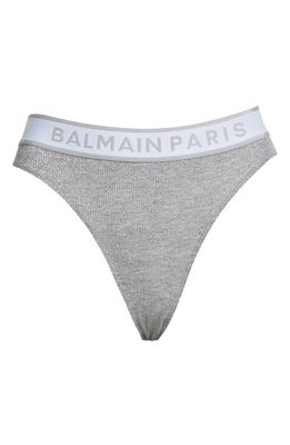 Balmain Logo Sparkle Rib Bikini Bottoms in Light Grey/Silver