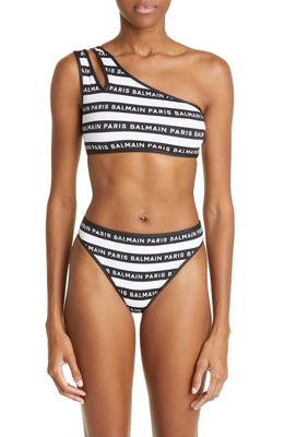 Balmain Logo Stripe One-Shoulder Two-Piece Swimsuit in Black/White