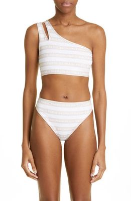 Balmain Logo Stripe One-Shoulder Two-Piece Swimsuit in White/Nude