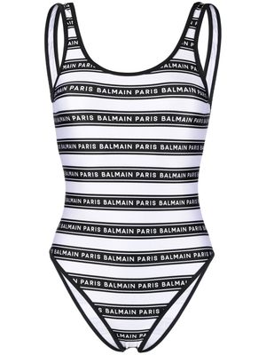 Balmain logo striped swimsuit - White
