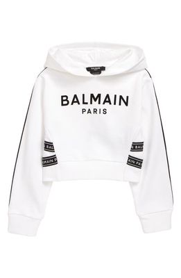 Balmain Logo Tape Crop Graphic Hoodie in White/Black