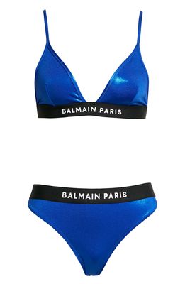 Balmain Logo Triangle Two-Piece Swimsuit in Electric Blue