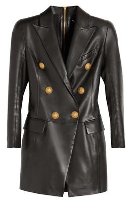 Balmain Long Sleeve Leather Coat Dress in 0Pa Black