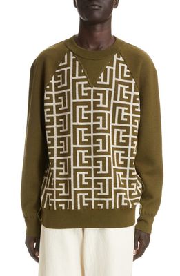 Balmain Macro Monogram Wool Blend Sweater in Khaki/Ivory