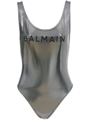Balmain metallic-effect logo-print swimsuit - Grey