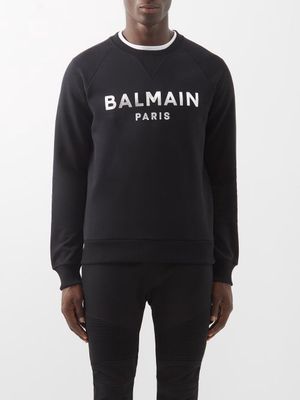 Balmain - Metallic-logo Cotton-jersey Sweatshirt - Mens - Black Silver
