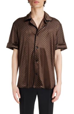 Balmain Mini Monogram Short Sleeve Velvet Button-Up Shirt in Wfp Brown/Multi