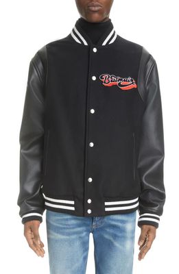 Balmain Mixed Media Logo Patch Leather & Virgin Wool Varsity Jacket in 0Pa - Black